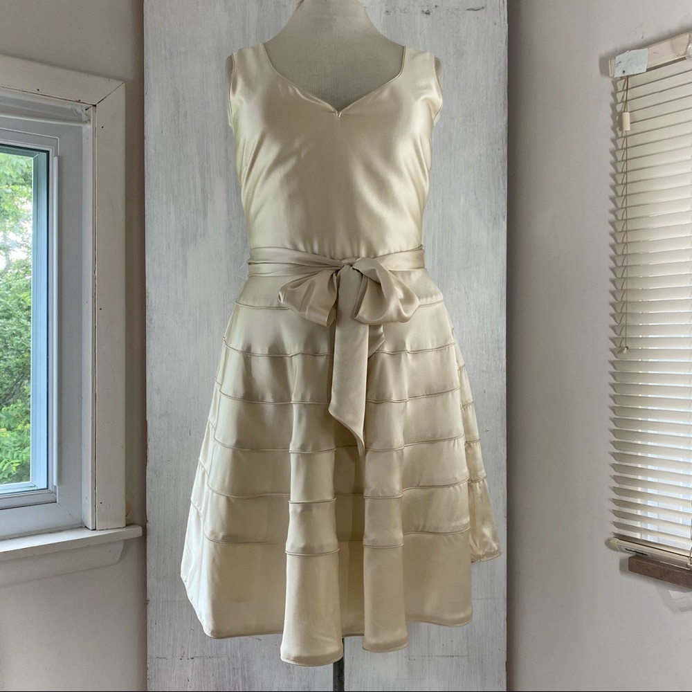 SOLD $$$  J Peterman Size 16 Champagne Beige Silk Satin Sleeveless Dress + Belt
